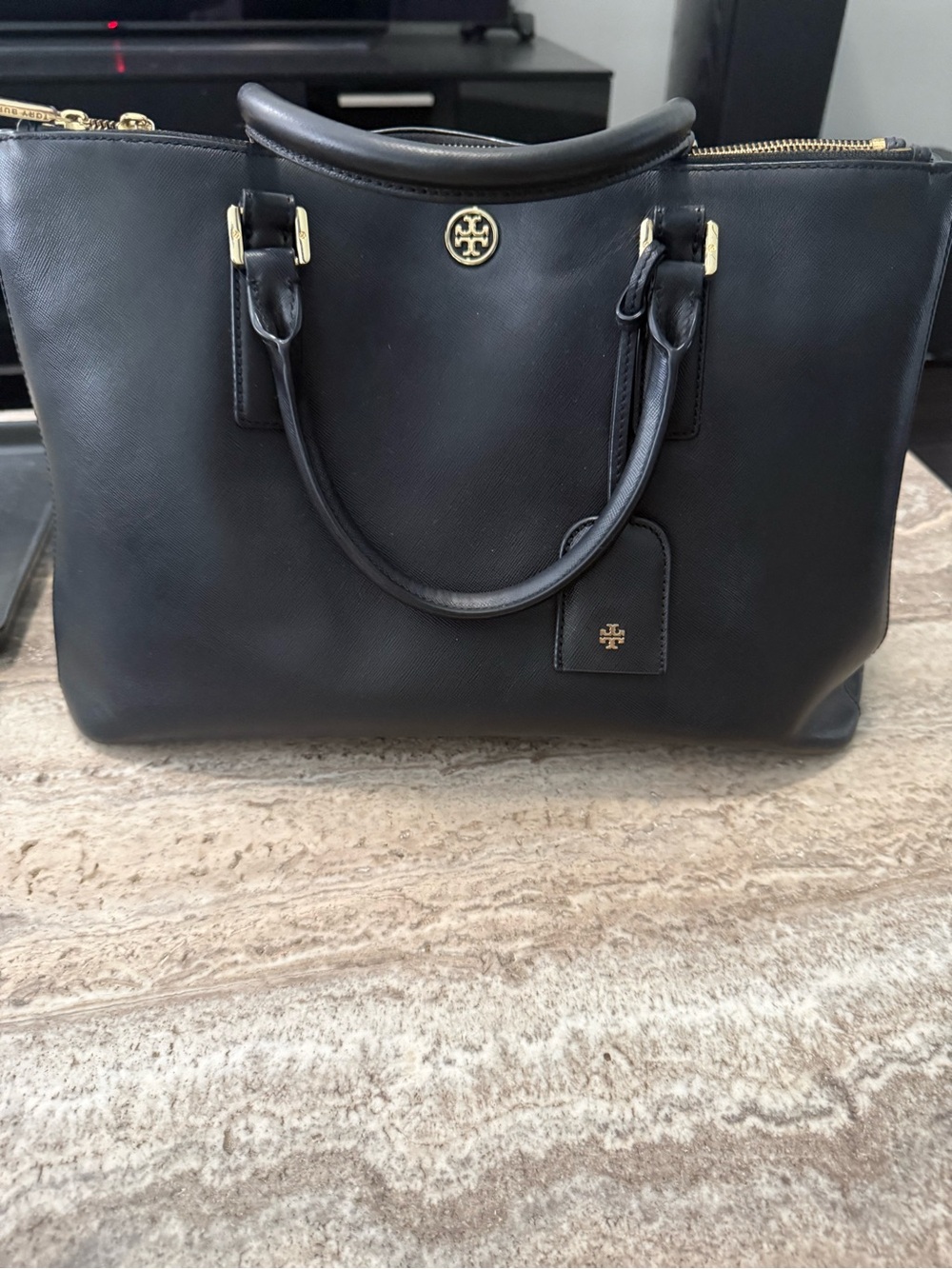 Tory Burch Black Leather Double-Handle Tote with Gold Hardware
